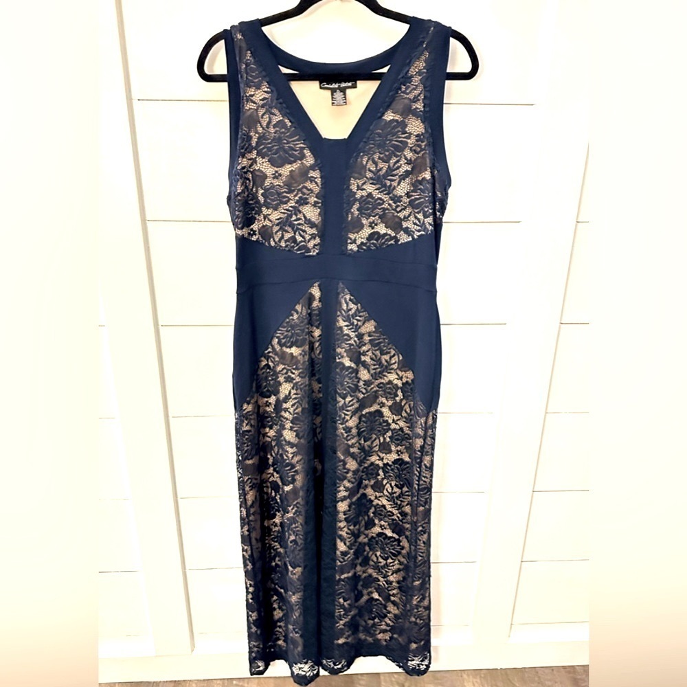CANDALITE Petite Navy Nude lined lace midi feminine party evening dress PL